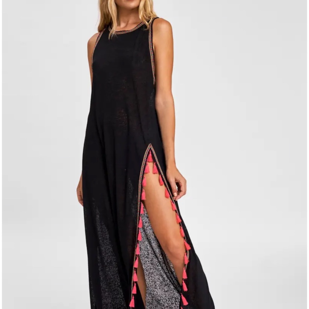 Pitusa Black Tassel Slit Maxi Dress XS/S Resort Beach Cover Up - Picture 2 of 8